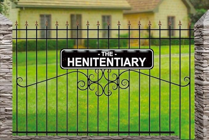 The Henitentiary Sign Chicken Coop Rustic Metal Street Sign or Door Name Plate Plaque Home Patio Garden Bar Farm House Garage Wall Decor Black Tin Signs 16 X 4 Inch