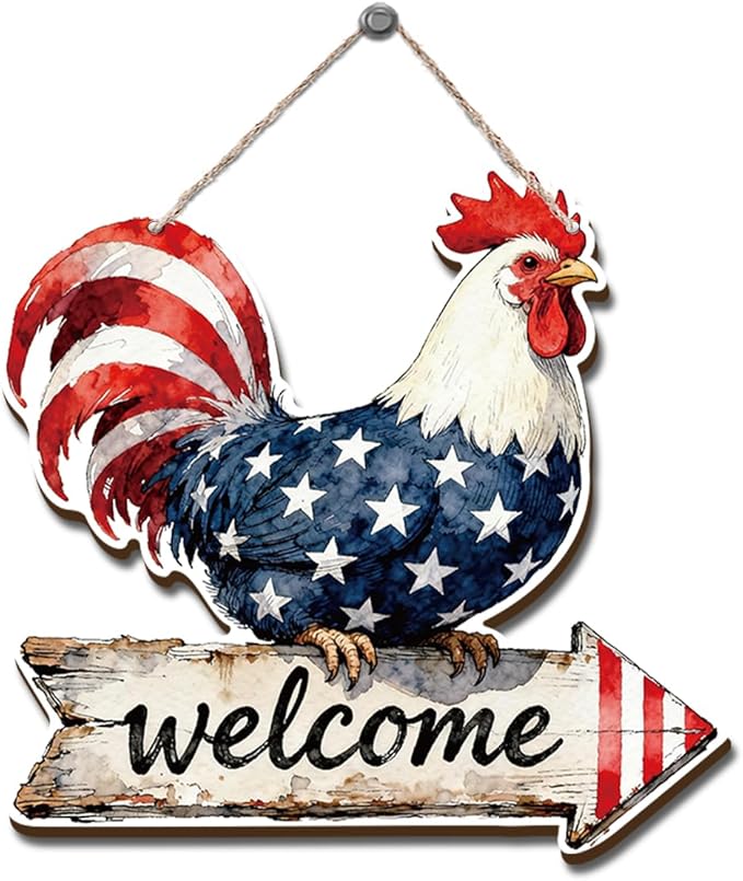 Independence Day Decor, American Flag Rooster Welcome Signs, Hanging Wood Sign Home Decorative, Printed Wood Wall Art Signs, Welcome Sign for Front Door, Farmhouse Porch Decor, 10x9.8 Inches