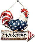 Independence Day Decor, American Flag Rooster Welcome Signs, Hanging Wood Sign Home Decorative, Printed Wood Wall Art Signs, Welcome Sign for Front Door, Farmhouse Porch Decor, 10x9.8 Inches