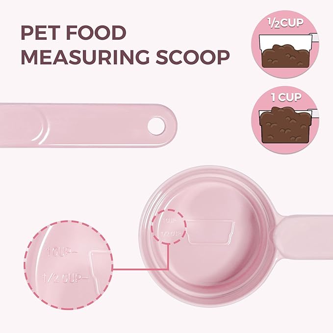 Melamine Pet Food Scoop, Cat Food Measuring Cups, Comfortable Long Handle Scoop for Dog, Cat, Ferret and Rabbit Food, 1 Cup Size Pet Food Feeding Scoop Dishwasher Safe (Pink