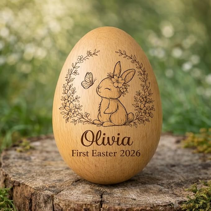 Personalized Wooden Easter Egg – Custom Engraved Bunny Name Egg, Baby First Easter Keepsake Gift, Rustic Wood Bunny Decor, Cute Basket Stuffer for Kids, Spring Holiday Gift for Baby Boy Girl/6