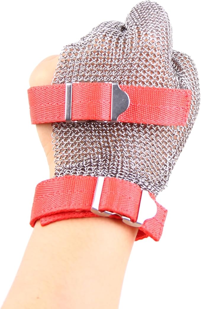 3-Finger Chainmail Glove, Stainless Steel Metal Cut Resistant Glove with Strap (3-Finger, Small (Pack of 1))