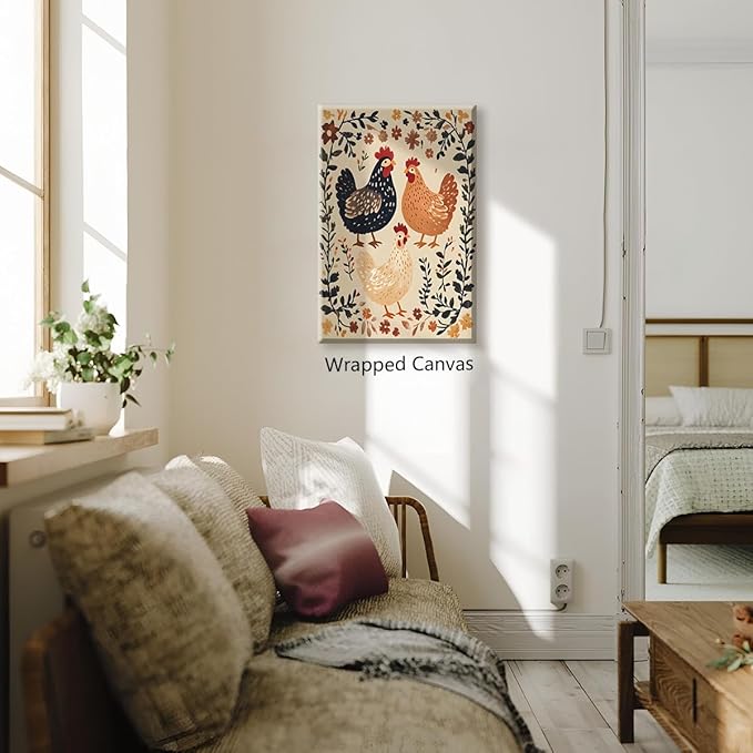 Nursery Animal Canvas Wall Art, Farmhouse Chickens Poster, Rustic Botanical Floral Painting, Cozy Folk Art Print, Countryside Animal and Flowers Painting for Kids Room 24x36in Wrapped Canvas