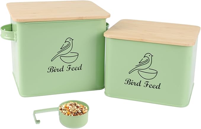 Airtight Bird Seed Storage Container Set of 2, 10LB Metal Bird Food Container with Bamboo Lids,Wild Bird Seed Tin for Storing Sunflower Seed-Squirrel proof -Green