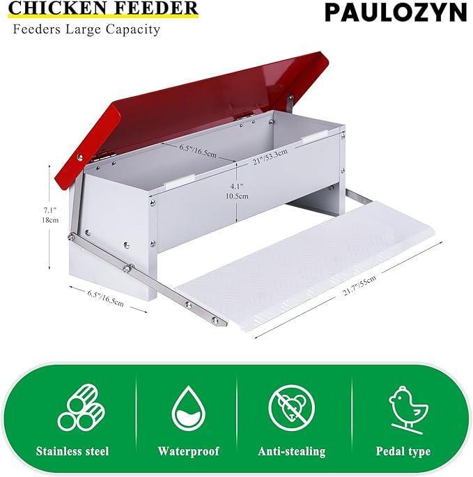 9L Automatic Chicken Feeder Treadle Rat Proof Metal Galvanized Poultry Feeders Treadle Chicken Feeder with Weatherproof Lid for Duck Turkey Outside No Waste