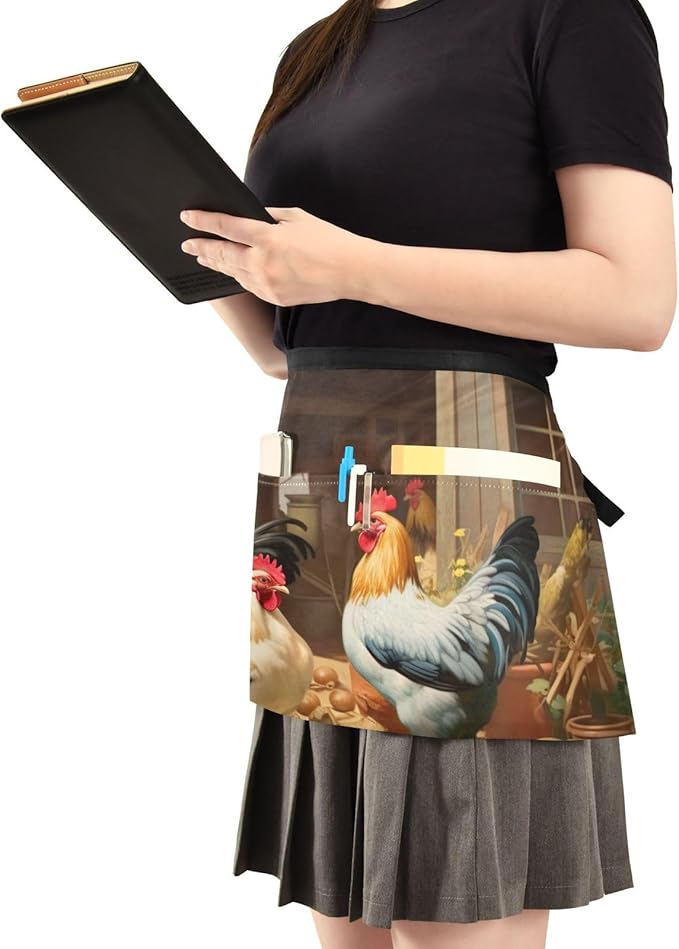 Farm Chicken House 3-Pocket Server Apron Professional Waist Apron for Waitress, Bartender & Restaurants, Water-Resistant Half Apron for Men Women