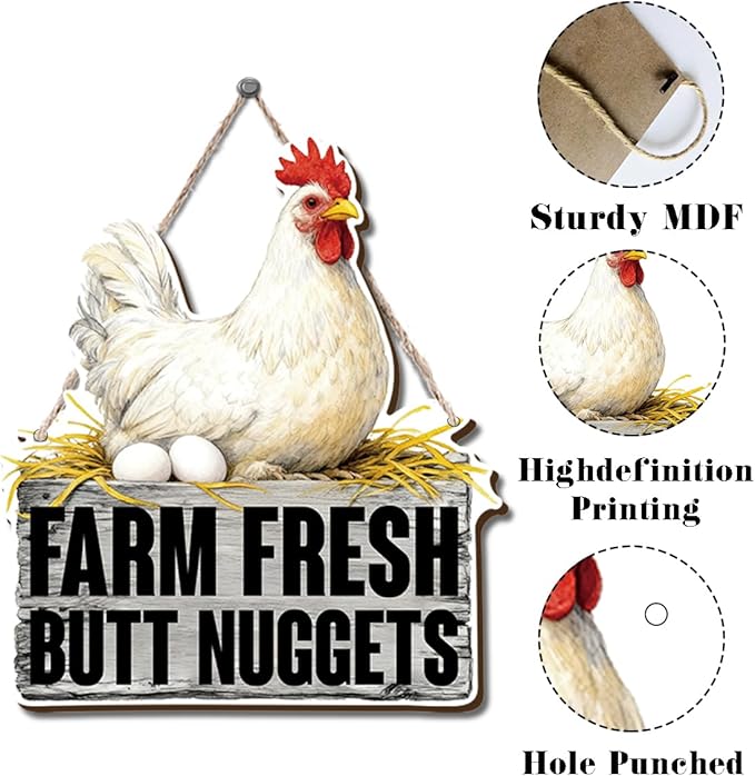 Farmhouse Kitchen Wall Decor, Chicken Coop Sign Farm Fresh Butt Nuggets, Rustic Wood Hanging Plaque, Vintage Painting Style Hen and Eggs Wall Art for Country Kitchen Breakfast Nook, 9.8x11.1 Inches