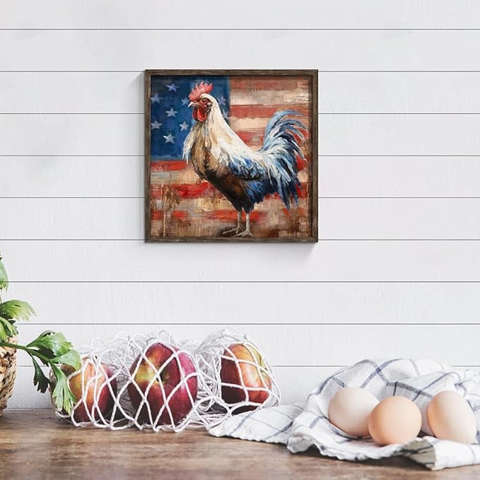 Rooster Wooden Wall Art Decor: Farm Animal Picture Country Cock Flag Framed Artwork Farmhouse Chicken Painting is the Perfect Combination of Energy Nature for the Kitchen Country House Bedroom 12"x12"