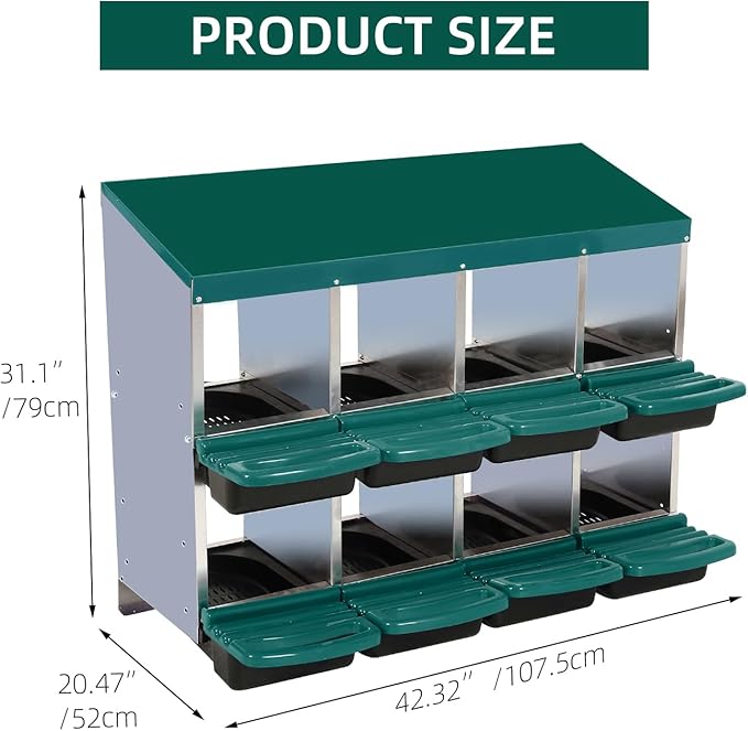 Chicken Nesting Boxes with Cleanable Pull-Out Trays - 8 Hole Metal Rollaway Nest Box for Laying Hens, Wall Mount or Placed Design for Easy Egg Collection & Cleaning