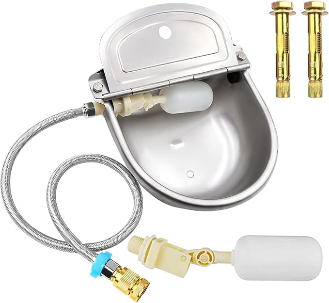 Automatic Animal Drinking Water Trough Bowl, 304 Stainless Steel Outdoor Waterer for Dog Horse with Float Valve includes Bowl, Pipe Hose, 2 Float Valves, Quick Connector Adapter and Countersunk Bolts