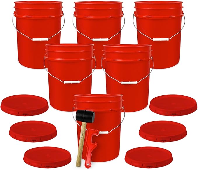 ePackageSupply 5 Gallon Plastic Bucket with Airtight Lid | Made in USA | Food Grade Bucket | BPA-Free | Heavy Duty 90 Mil All Purpose Pail | One 12" Rubber Mallet & One Lid Opener Included | 6 Pack