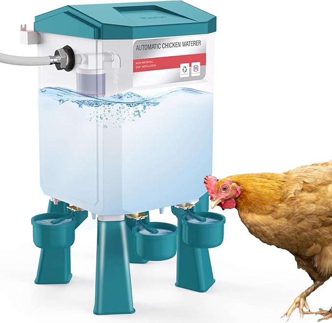 Automatic Chicken Waterer 2 Gallons, Float-Controlled Chicken Water Feeder with 4 Water Cups, 158.4-Inch Hose with 3/4'' and 1/2'' Ends, Large Poultry Waterer for Chick Quail Duck Turkey, Blue