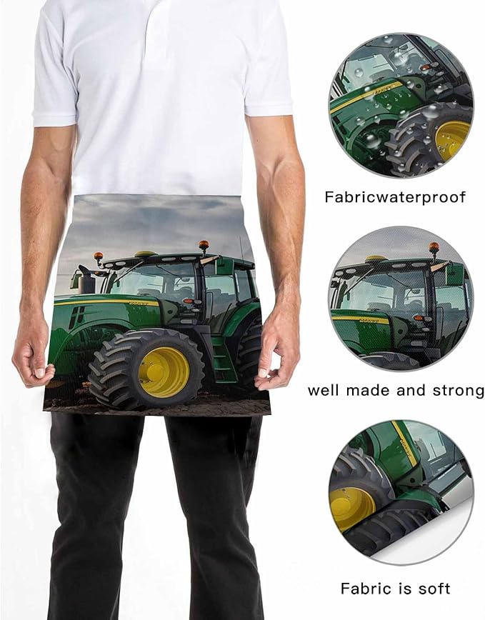 Farm Tractor Aprons for Women Men with 3 Pockets, Green Truck Country Rustic Field Harvester Waterproof Server Aprons Half Waitress Apron for Holiday