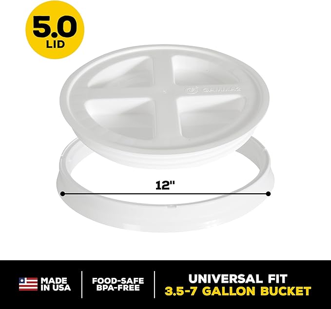 Gamma2 Seal Lid - Pet Food Storage Container Lids - Fits 3.5, 5, 6, & 7 Gallon Buckets, White, 4122E, Made in USA, Fits a 3.5 to 7 Gallon Bucket