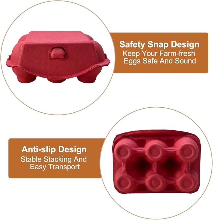 Reusable Egg Cartons, Paper Pulp Material, 50 Pack, Pink Yellow Orange Red Colors, Farm Fresh Eggs Storage Container (Red)