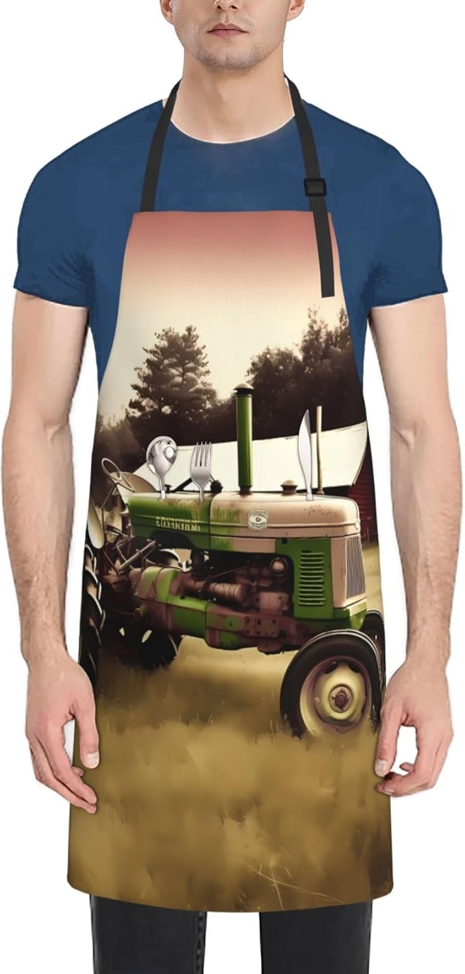 Old Tractor Photo Farm Cooking Aprons for Women Men Waterproof Bib Apron with Pockets Adjustable Kitchen Chef Apron
