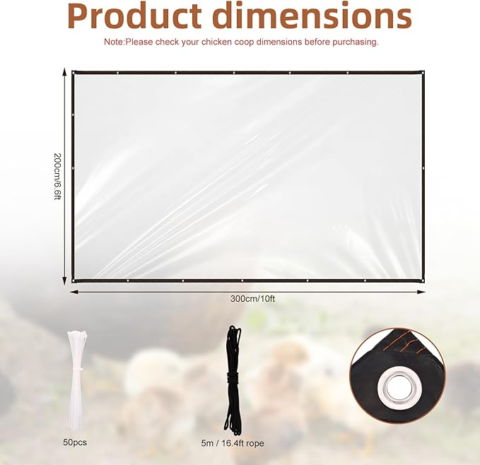 Waterproof Chicken Coop Cover for Winter, 300x200cm/6.6x10in Tear-Proof & Windproof Run Sidewalls Insulation with Rope & Cable Tie Wrap Tarp Winterizing Accessories for Outdoor Poultry Cage (Clear)