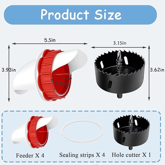 DWYIZMOT Chicken Feeder No Waste, Rain-Proof Poultry Automatic Feeder with Lid Gravity Feeding Kit 4 Ports -1 Holes Saw Buckets, Buckets, Boxes and Slots