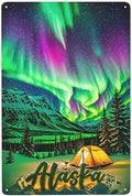Alaska Retro Metal Wall Art Sign - Rustic Vintage Northern Lights & Mountain Landscape Design, Durable Iron Garage Bar Kitchen Office Decor, 8x12 Inch No Electricity Needed, Nordic Home Decor