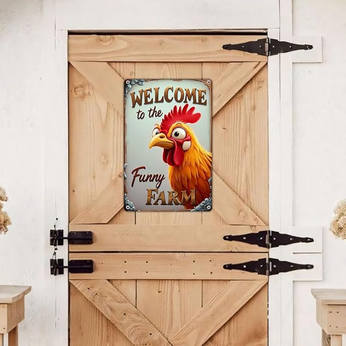 FunnySign Chicken Gifts Rooster Décor Welcome To The Funny Farm Rustic Tin Sign For Home Farm Chicken Coop Decor 8x12 Inch (9708)
