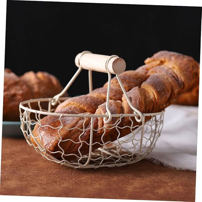 VICASKY 2pcs Retro Vintage Wire Storage Baskets with Wooden Handles, Farmhouse Style Metal Fruit and Egg Collecting Basket Set for Kitchen and Household Organization