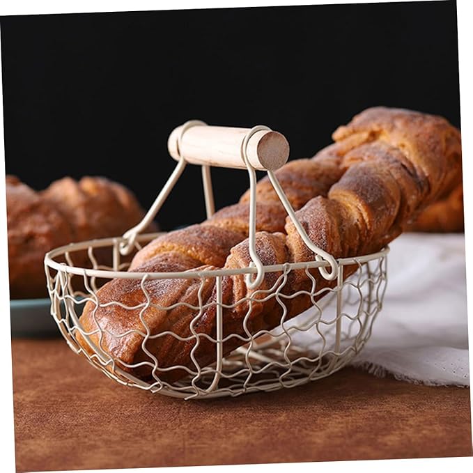 Luxshiny 2pcs White Iron Wire Mesh Basket with Wooden Handle, Farmhouse Style Fruit and Egg Storage Organizer for Kitchen Counter and Tabletop