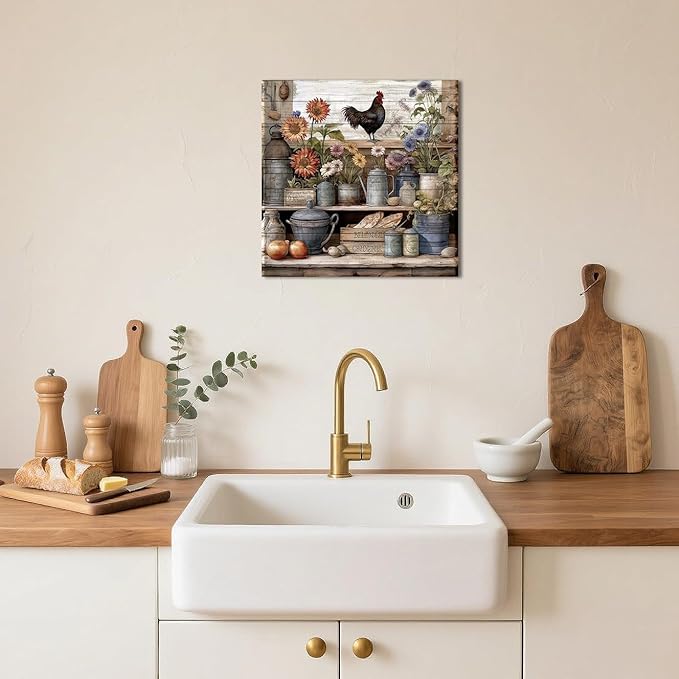 Framed Chicken Wall Art 16x16 Inch Rooster on Flower Stand Canvas Print Farmhouse Country Style Artwork for Kitchen Living Room Rustic Home Wall Decor (Rooster 1, 24L×24W)