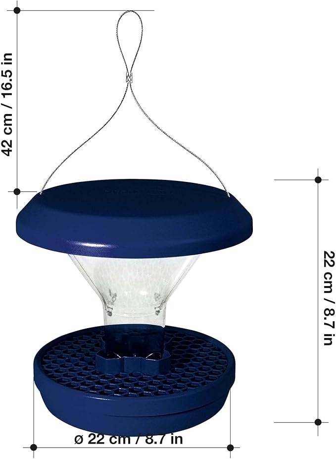 SWISSINNO Bird Feeders - No Mess Hanging Bird Feeder for Outdoors - Smart Birds Davos Spill Proof Wild Cardinal & Small Bird Feeder with Integrated Seed Catcher Tray - Dual Chamber - Indigo