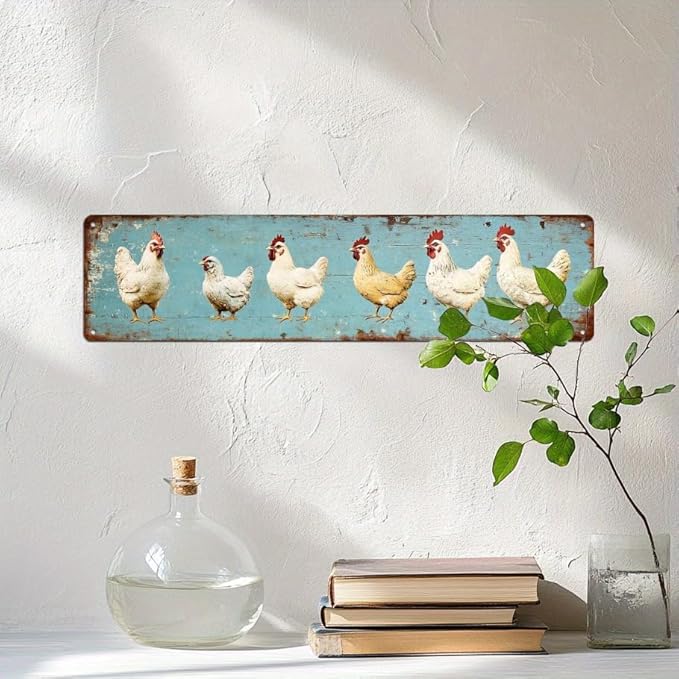 Rustic Farm Chickens Metal Tin Sign Vintage Wall Decor for Kitchen Farmhouse Living Room Entryway Home Decor 4x16 Inch