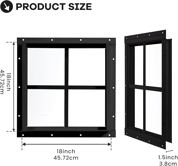 Shed Windows 2 Pack, Chicken Coop Windows 18" x 18" with Tempered Glass, Square Gable Flush Mounted Small Window for Shed, Playhouse, Household, Garage (Black)
