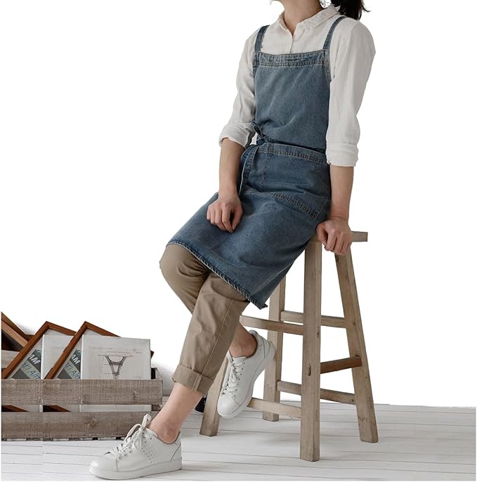 Adjustable Bib Apron with Large Pockets, Cotton Denim Gardening Apron Cross Back Work Jean Apron for Women Men(Style A, Deep Blue)