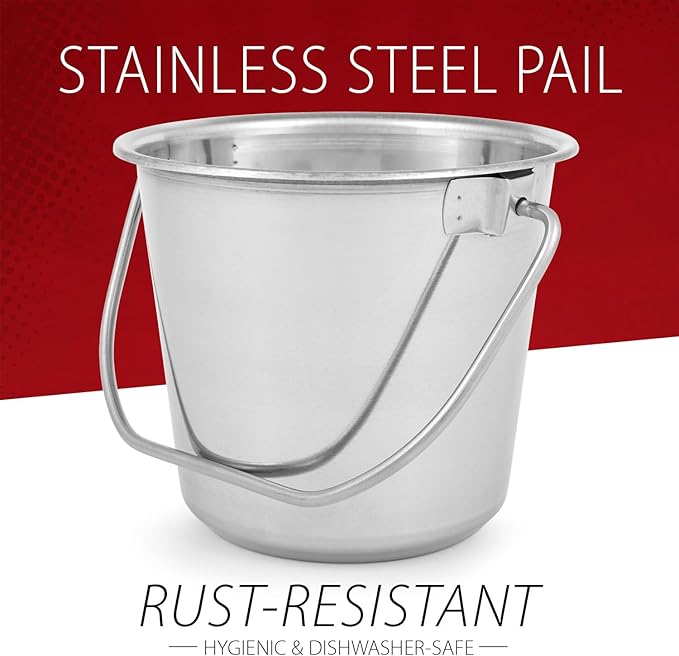 Jeffers Multi Purpose Stainless Steel Round Pail with Handle – Rust Resistant, Non-Toxic Bucket for Water, Feed, Pets, Livestock, Milk, Ice, Mop, Garden, Kennel, Farm, Camping, Storage - 2 Quart