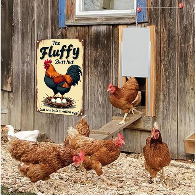 Fluffy Butt Hut Chicken Sign 12x8 Inch Outdoor Decor with Funny Farmyard Saying Last One in is A Rotten Egg for Yard Patio Farmhouse