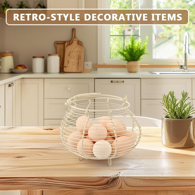 Wire Egg Basket for Gathering Fresh Eggs Holder,Retro Handle Egg Gathering Basket,Metal Eggss Holder-Countertop,Farmhouse-Eggs-Storage Container for Kitchen Easter Decor(White)