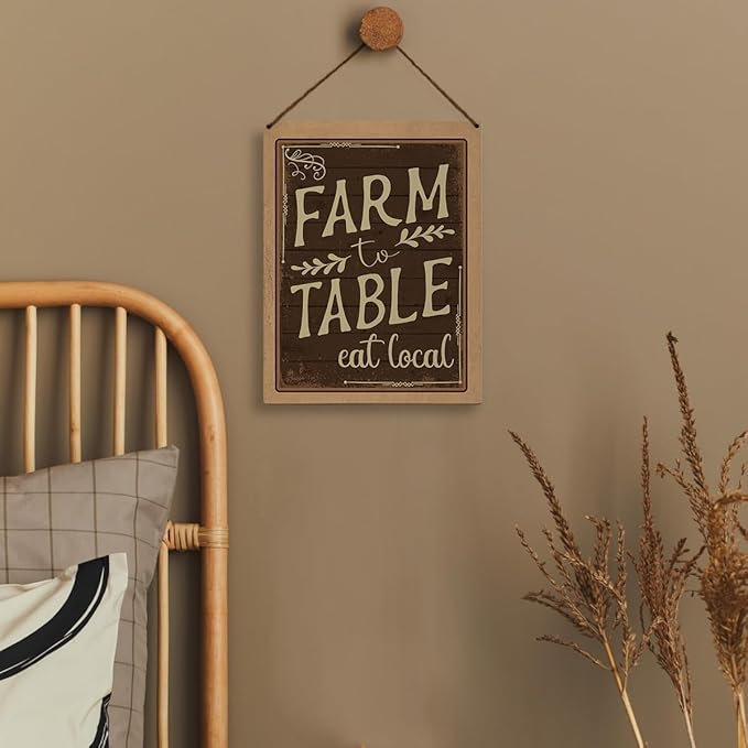 FLVGE Farmhouse Kitchen Decor, Kitchen Wall Decor, Vintage Decor for Home Kitchen Dining Room Porch Bar Cafe, Farm to Table Eat Local Wooden Sign Hanging, 8x10 Inch