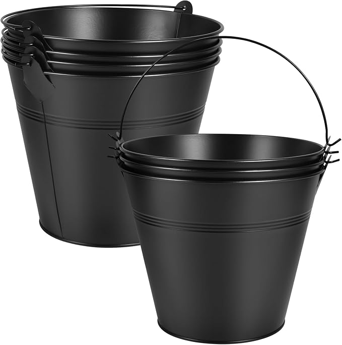 OBTANIM 7 Pack Black Metal Buckets with Handle Galvanized Ice Pails for Plants, Succulents, Party Favors Organizing, Rustic Home Decor or Classrooms Pencil Storage (9.1 x 6.7 inch)