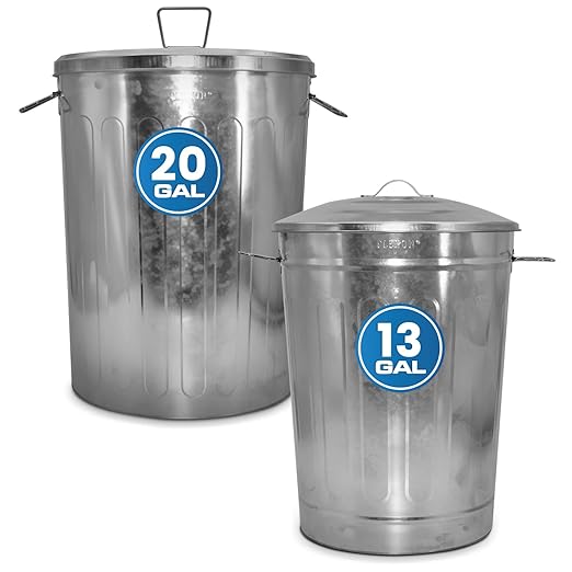 Plexon 20 Gallon Metal Trash Can and 13 Gallon Metal Trash Can with Lids Outdoor Garbage Cans Heavy Duty Green Powder Coated Buckets with Lids for Garage Workshop Storage Bin, Bundle