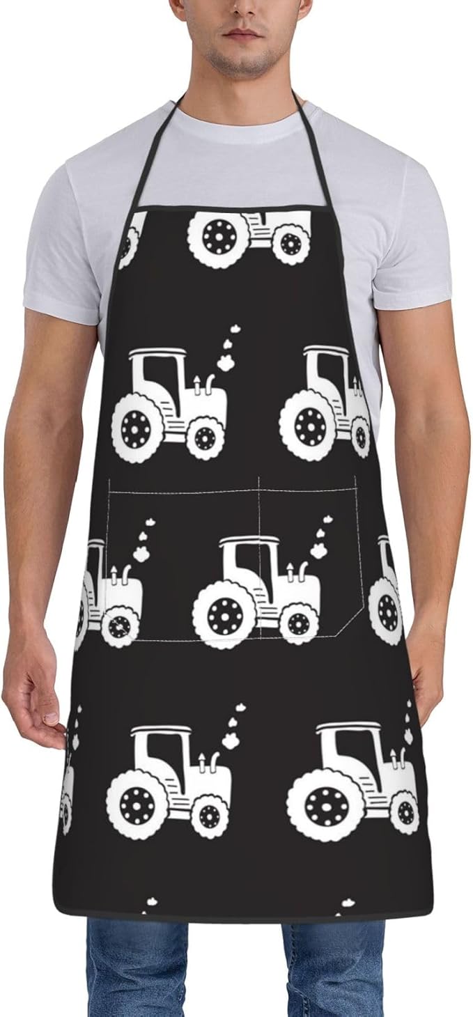 Apron for Women And Men, Waterproof Adjustable with Pocket Washable Cooking Apron, Chef Grilling BBQ Baking Crafting, Personalized Tractors White Black