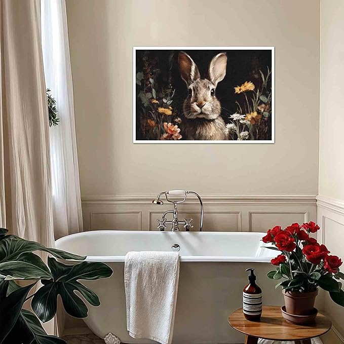 MNFGMH Easter Pictures Wall Decor Rustic Spring Rabbit with Flowers Easter Canvas Print Bunny Wall Art for Home Country Decor Canvas Roll 24x36 inch