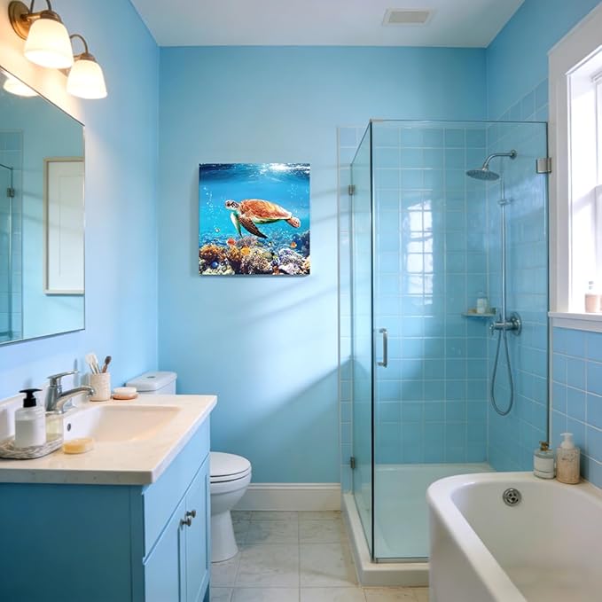 Woxfcart Sea Turtle Canvas Wall Art Tropical Turtle Picture Gift Sea Life Teal Ocean Animal Prints for Bathroom Bedroom Living Room Decor, 24 x 24 Inch, Ready to Hang
