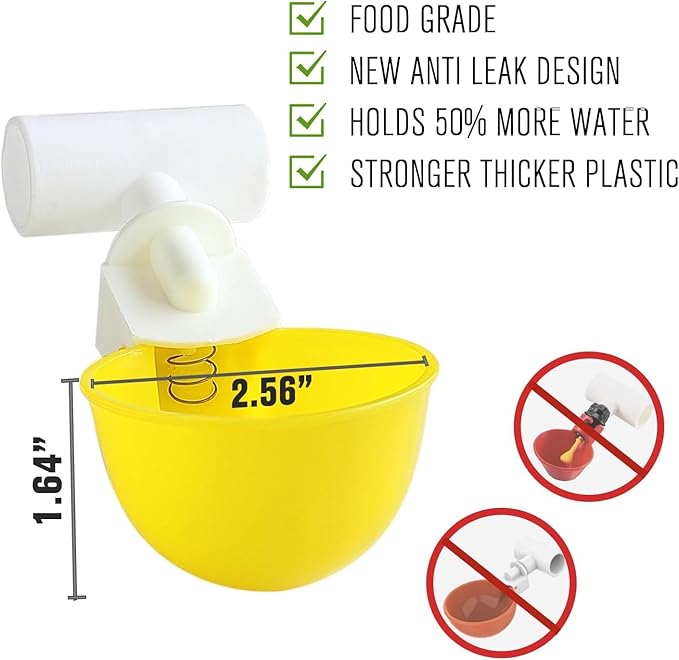Chicken Water Cups with PVC Tee Fittings for 1/2" Pipe, Automatic Chicken Watering System, Anti-Leak, Holds 50% More Water, Suitable for Chicks, Chicken, Duck, Quail, Birds (Yellow, 4 PVC Cups)