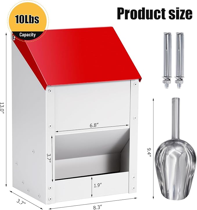 Automatic Chicken Feeder 10lbs Metal Chicken Feeder No Waste Wall Mounted Poultry Feeder Trough with Scoop for Chickens Ducks Quail Geese Pet