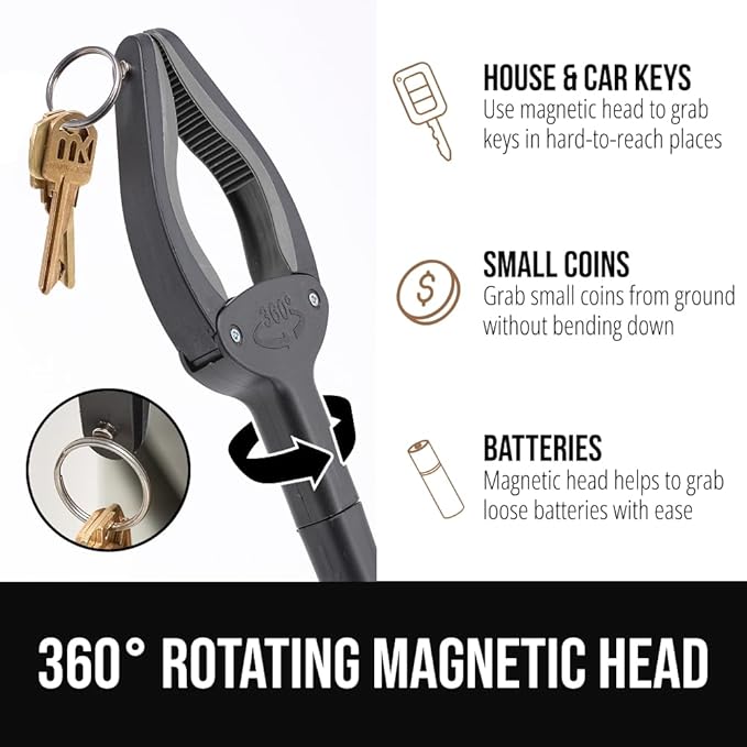 GORILLA GRIP Strong Rubber Lined Claw Grabber, Ergonomic Anti-Slip Reacher Tool for Seniors, 360 Magnetic Rotating Head Reaching Pick Up Stick, Foldable Trash Picker, Handicap Gripper, Gray