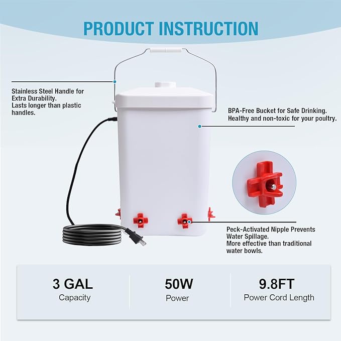 3 Gallon Chicken Waterer Bucket for Coop, All-Season Poultry Waterer with Thermostat Heater, Freeze Proof Design, 4 Installation Options, 9.8 ft Power Cord for Backyard Chickens & Small Farms