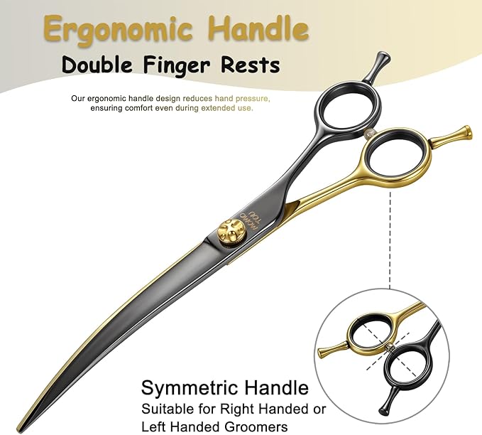 Curved Dog Grooming Scissors 7.5" – Black & Gold 440C Stainless Steel Shears for Precision Face and Body Shaping