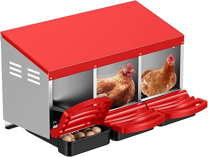 Aivituvin Chicken Nesting Box, 3 Compartments Chicken Egg Laying Box, Metal Nesting Boxes with Swing Perch for Chickens, Roll Away Egg Collection for Chicken Coop (Red)