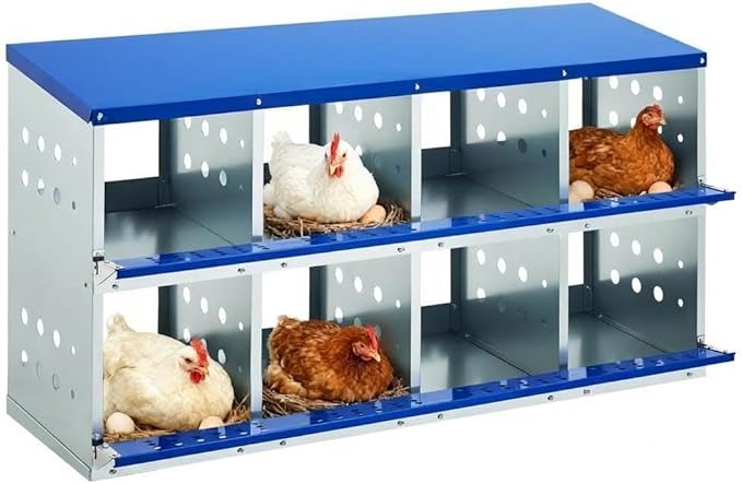 Heavy Duty Galvanized Steel Chicken Nesting Box – 8 Compartments, Wall Mounted/Floor, Ventilated, Resting Platform, Easy Clean, Rollaway Egg Collection, Blue, 128×48×71cm, Without Cover