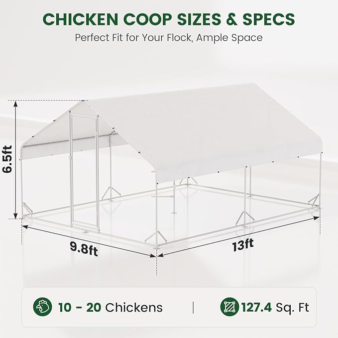 Large Chicken Coop with Chicken Run & Hardware Cloth, Solar Light, Waterproof & UV-Resistant Cover, Outdoor Poultry Cage for Farm Use,2 Room