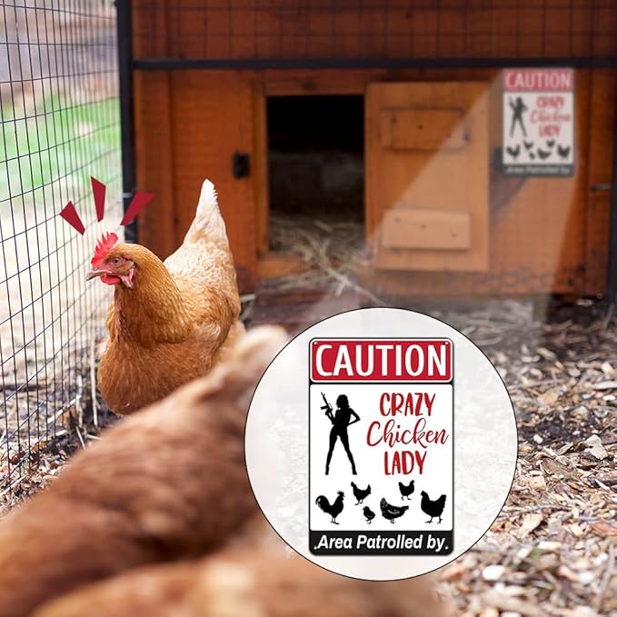 YOYI ART Funny Chicken Coop Sign - Area Patrolled by Crazy Chicken Lady, Metal Vintage Caution Sign for Farm Fence Decor, 8 x 12 inch