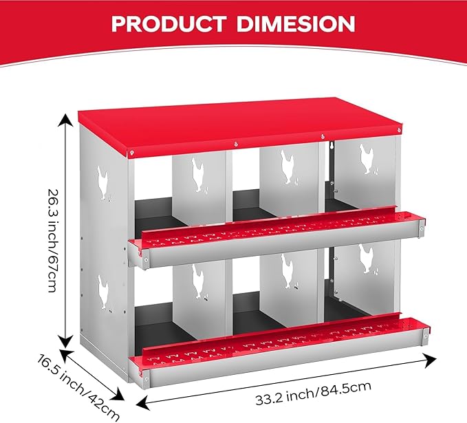 Nesting Boxes for Chickens, 6 Compartments, Nesting Boxes with 4 Dummy Eggs and 10 Dampproof Pets Mats, Red, Stainless Steel, Wall-Mountable & Roll Away Design
